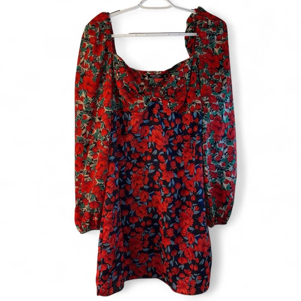 Nasty Gal Red and Blue Floral Long Sleeve Dress - Picture 2 of 9